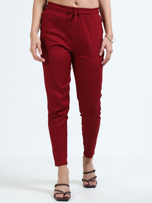 Varnam Women Lycra Slub Straight Pants – Maroon