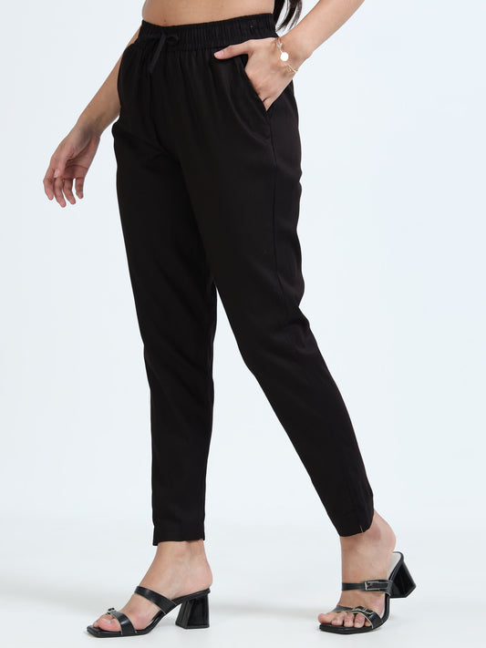 Varnam Women Lycra Slub Straight Pants – Black