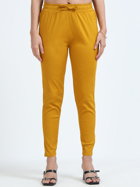 Varnam Women Lycra Slub Straight Pants – Mustard