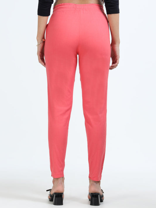 Varnam Women Lycra Slub Straight Pants – Coral