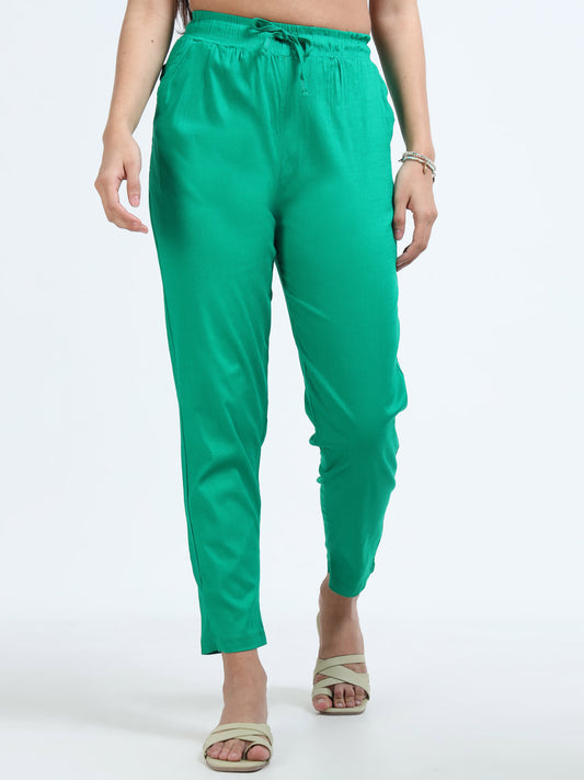 Varnam Women Lycra Slub Straight Pants – Green