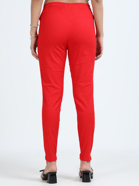 Varnam Women Lycra Slub Straight Pants – Red