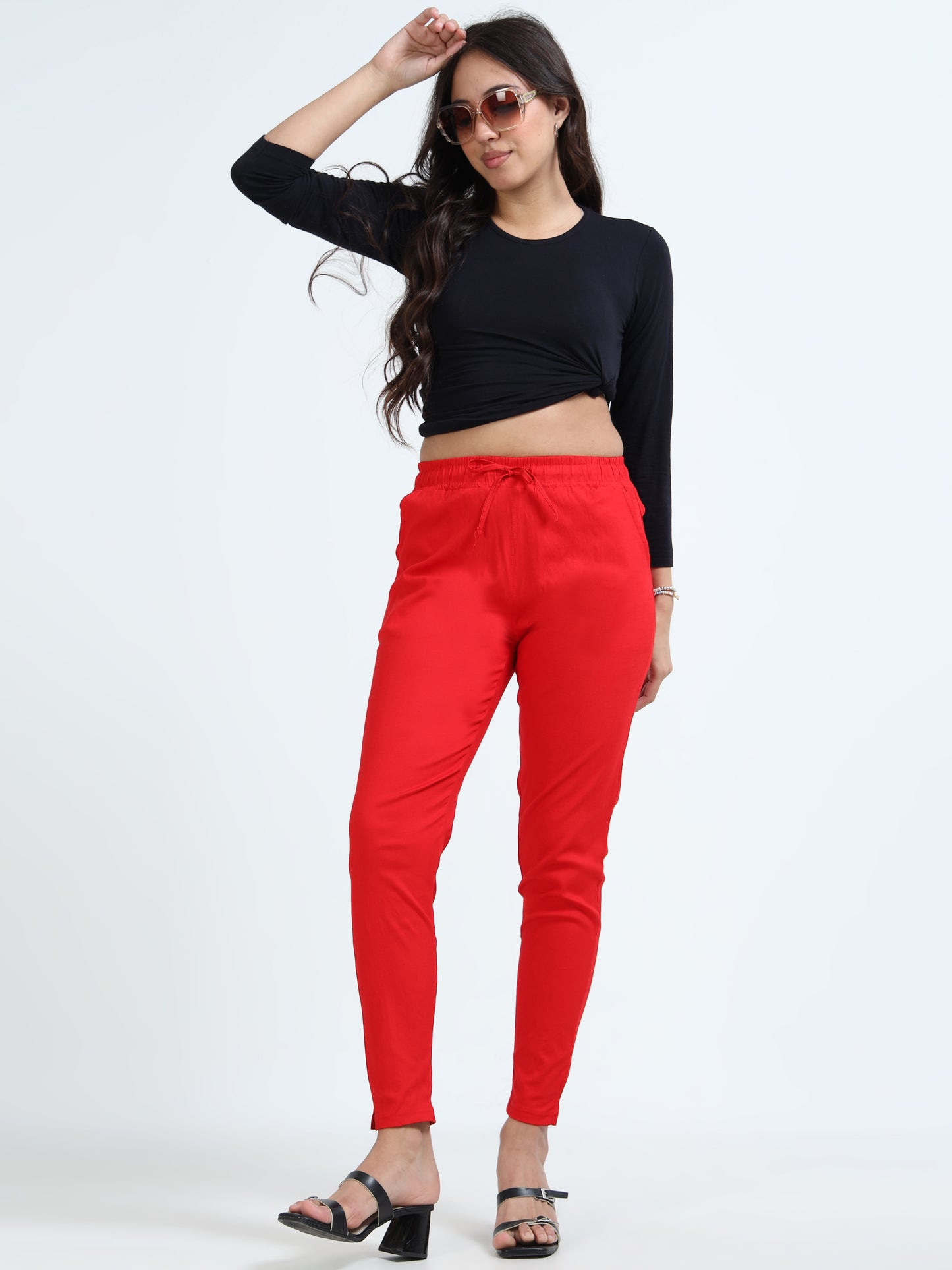 Varnam Women Lycra Slub Straight Pants – Red