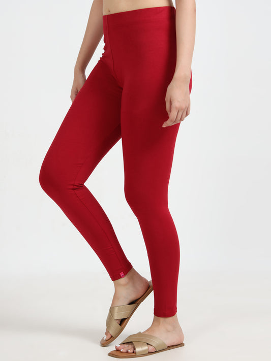 Varnam Women Ankle Length Cotton Leggings – Red Maroon