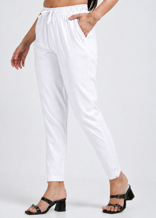 Varnam Women Lycra Slub Straight Pants – White