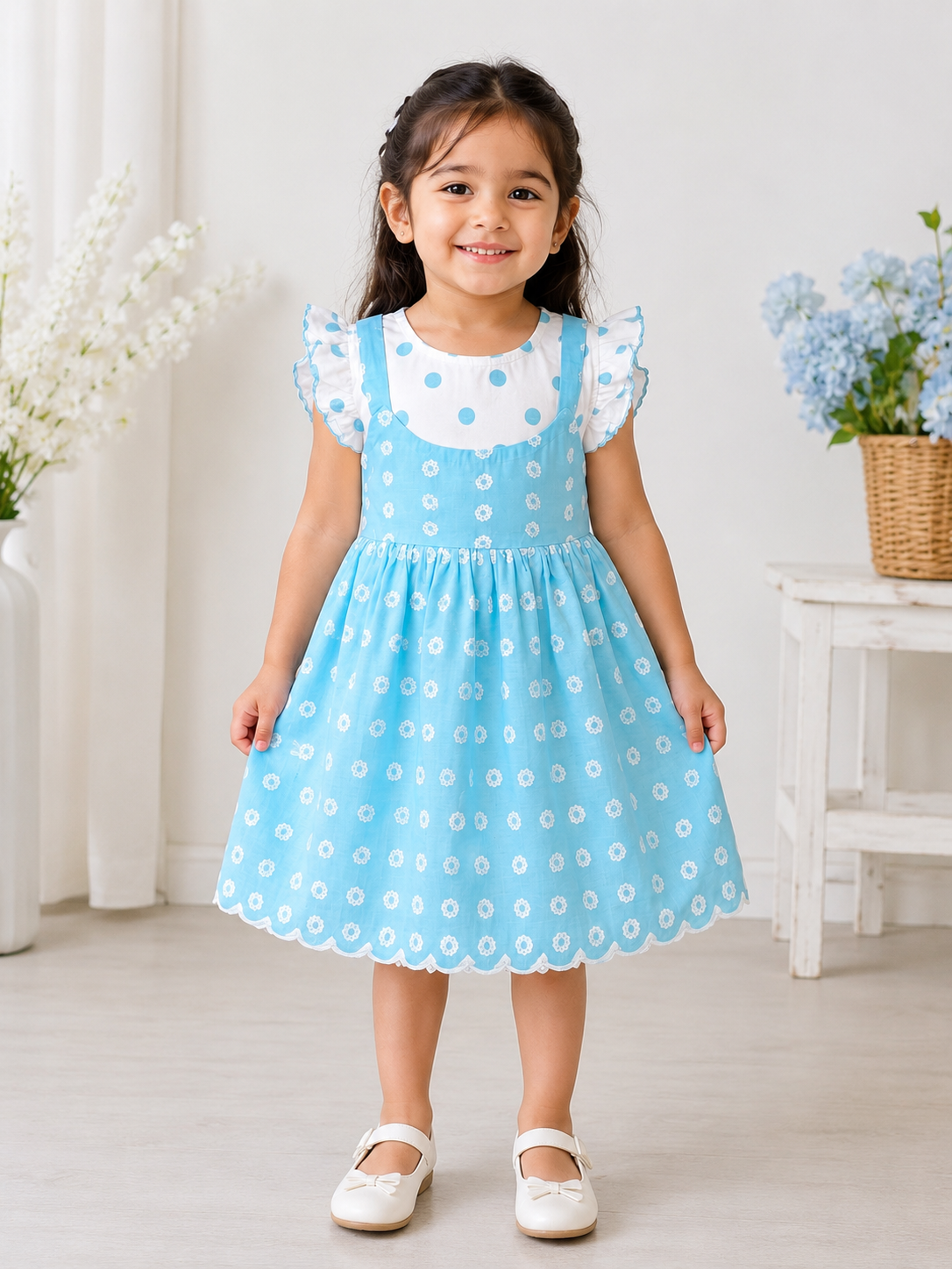 Sky Blue Daisy Embroidered Cotton Frock for Girls