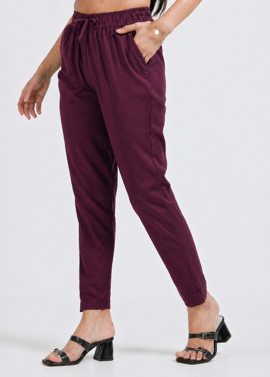 Varnam Women Lycra Slub Straight Pants – Wine