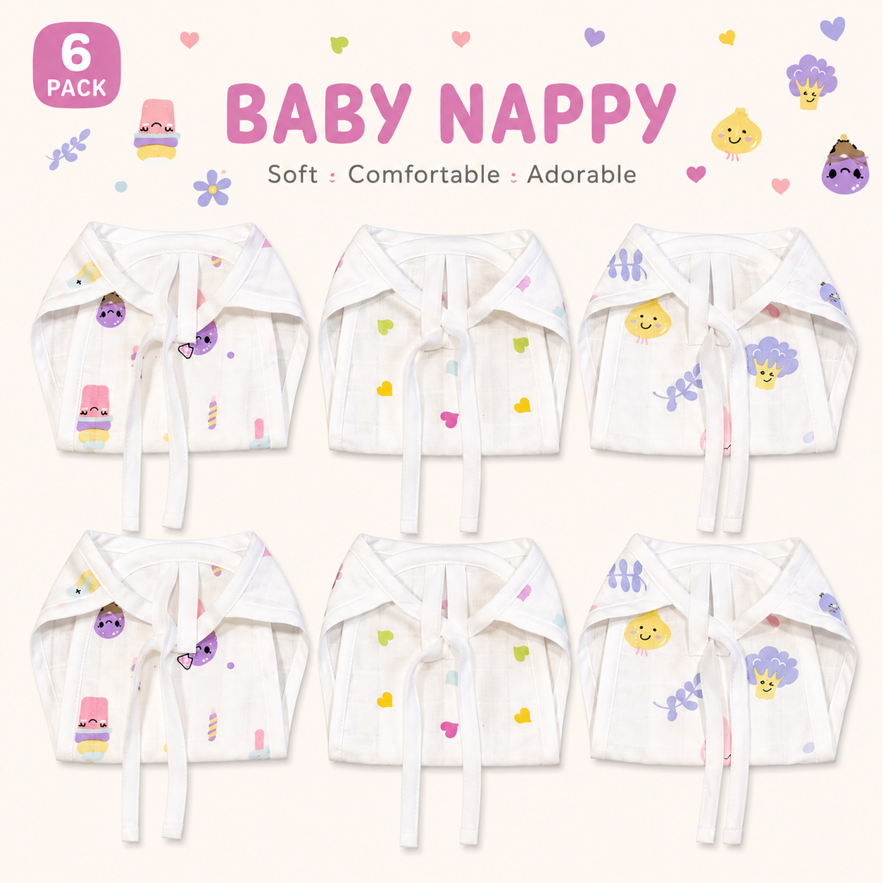 Pack of 6 Muslin Nappy (0-3 Months) - Assorted