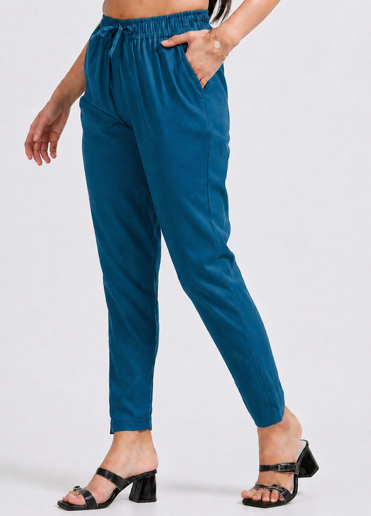 Varnam Women Lycra Slub Straight Pants – Petrol Blue