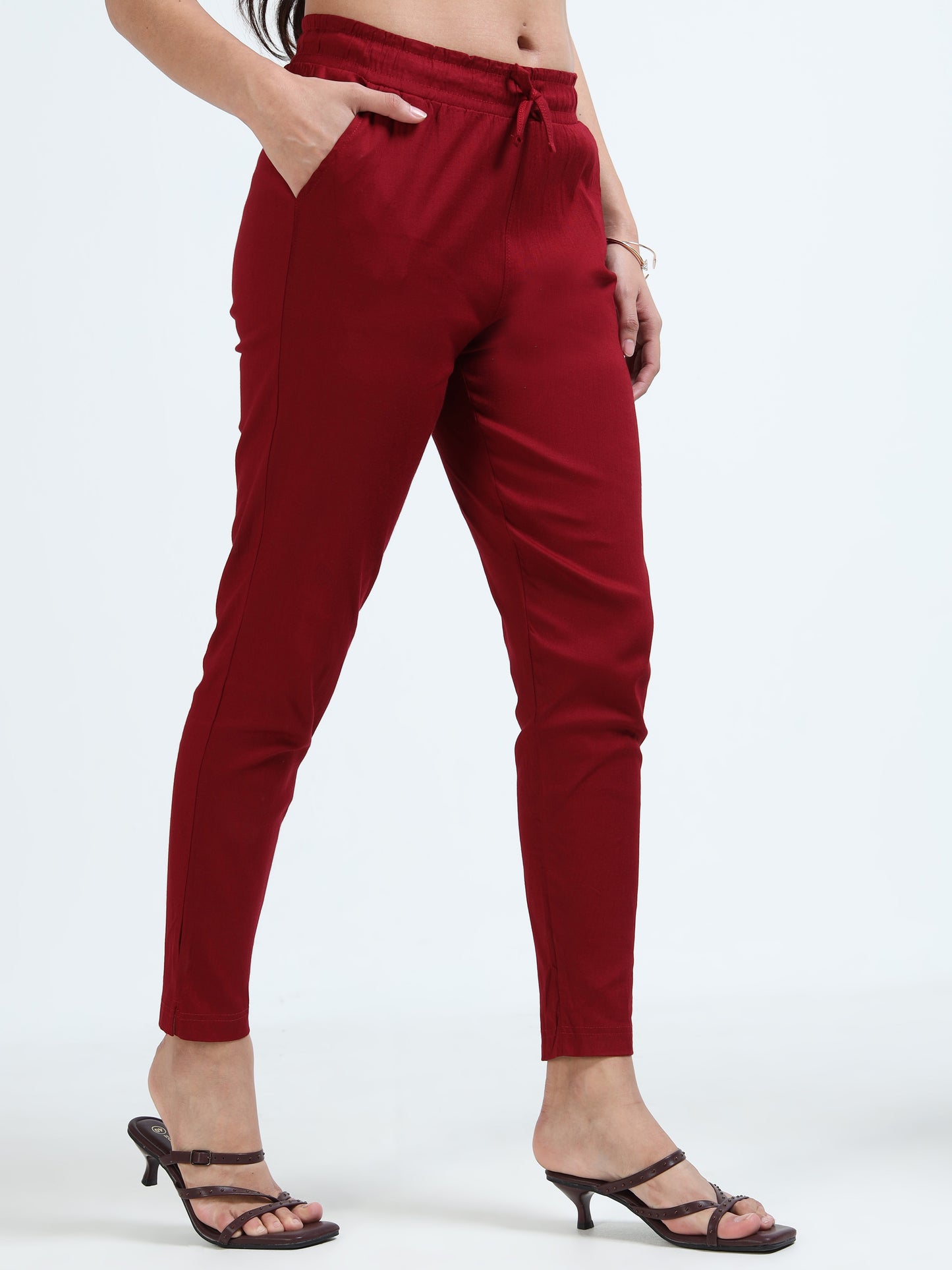 Varnam Women Lycra Slub Straight Pants – Maroon