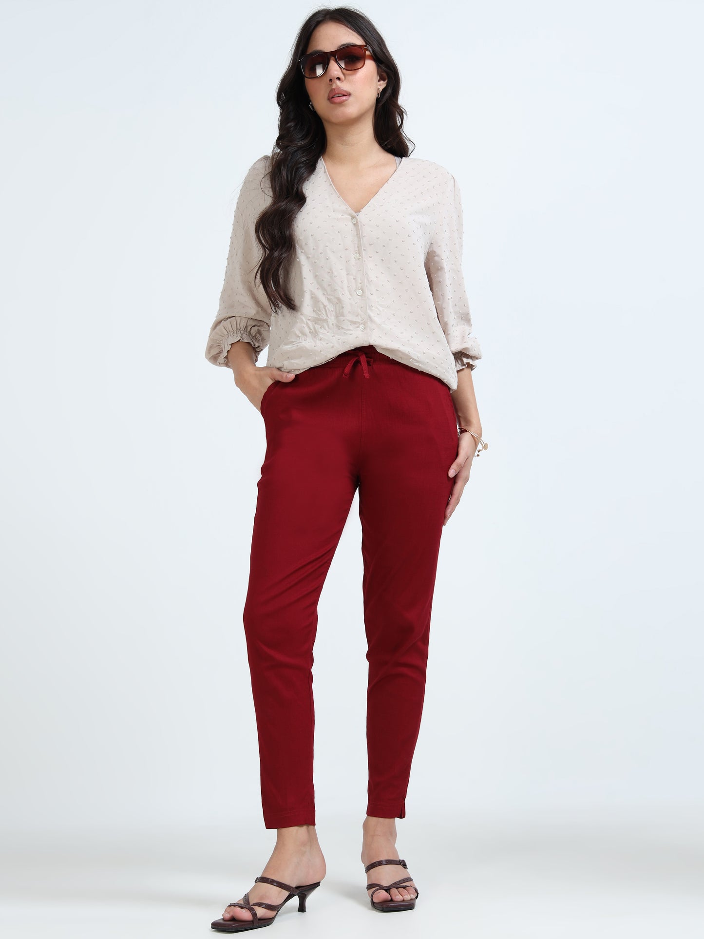 Varnam Women Lycra Slub Straight Pants – Maroon