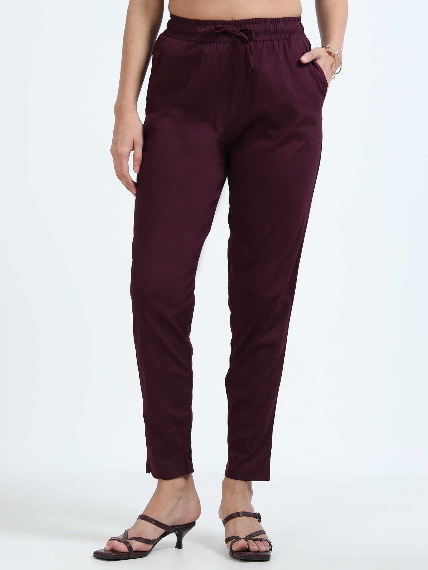 Varnam Women Lycra Slub Straight Pants – Coffee Brown