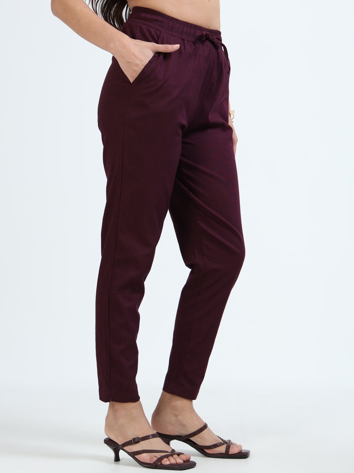 Varnam Women Lycra Slub Straight Pants – Coffee Brown