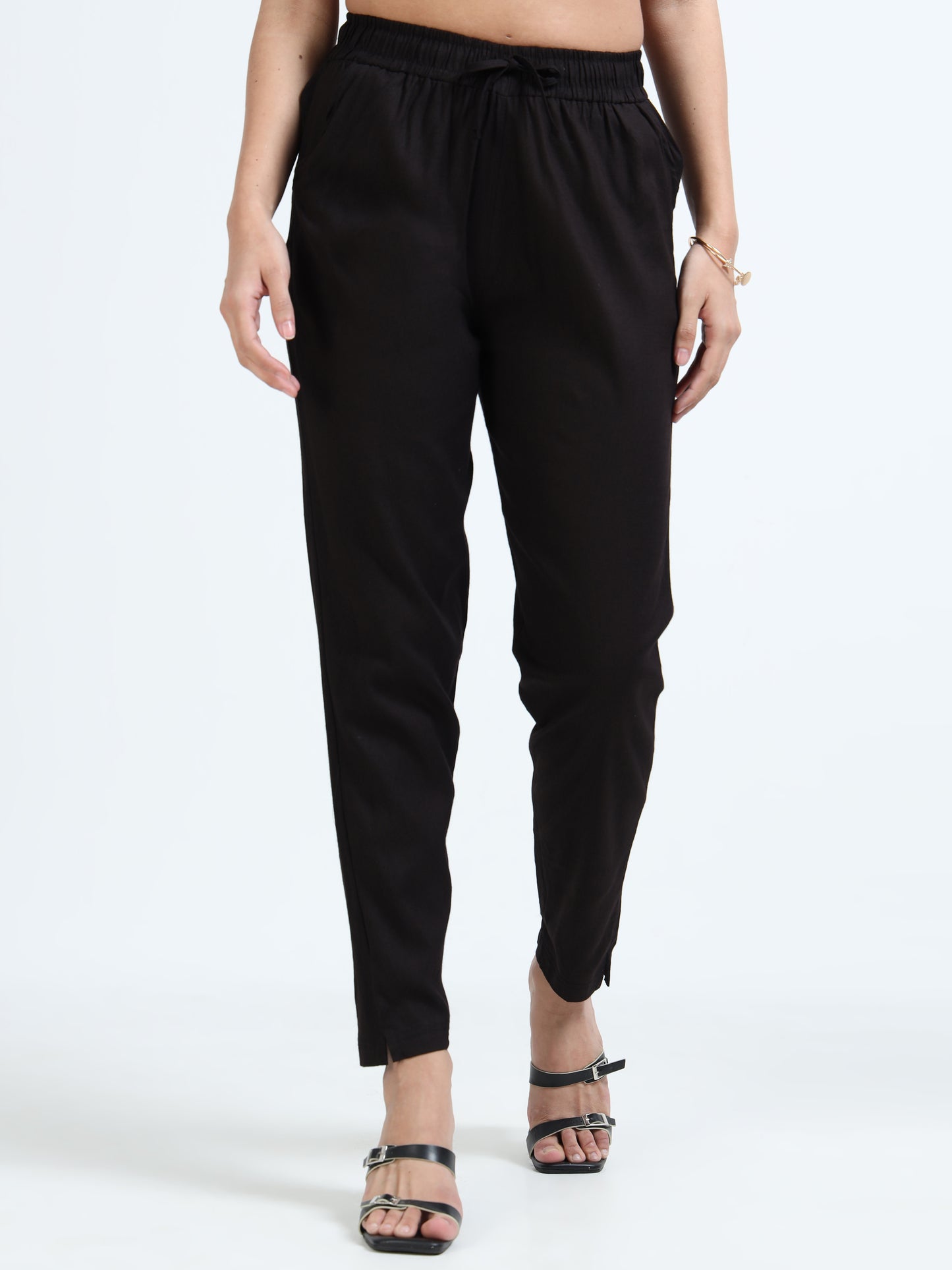 Varnam Women Lycra Slub Straight Pants – Black