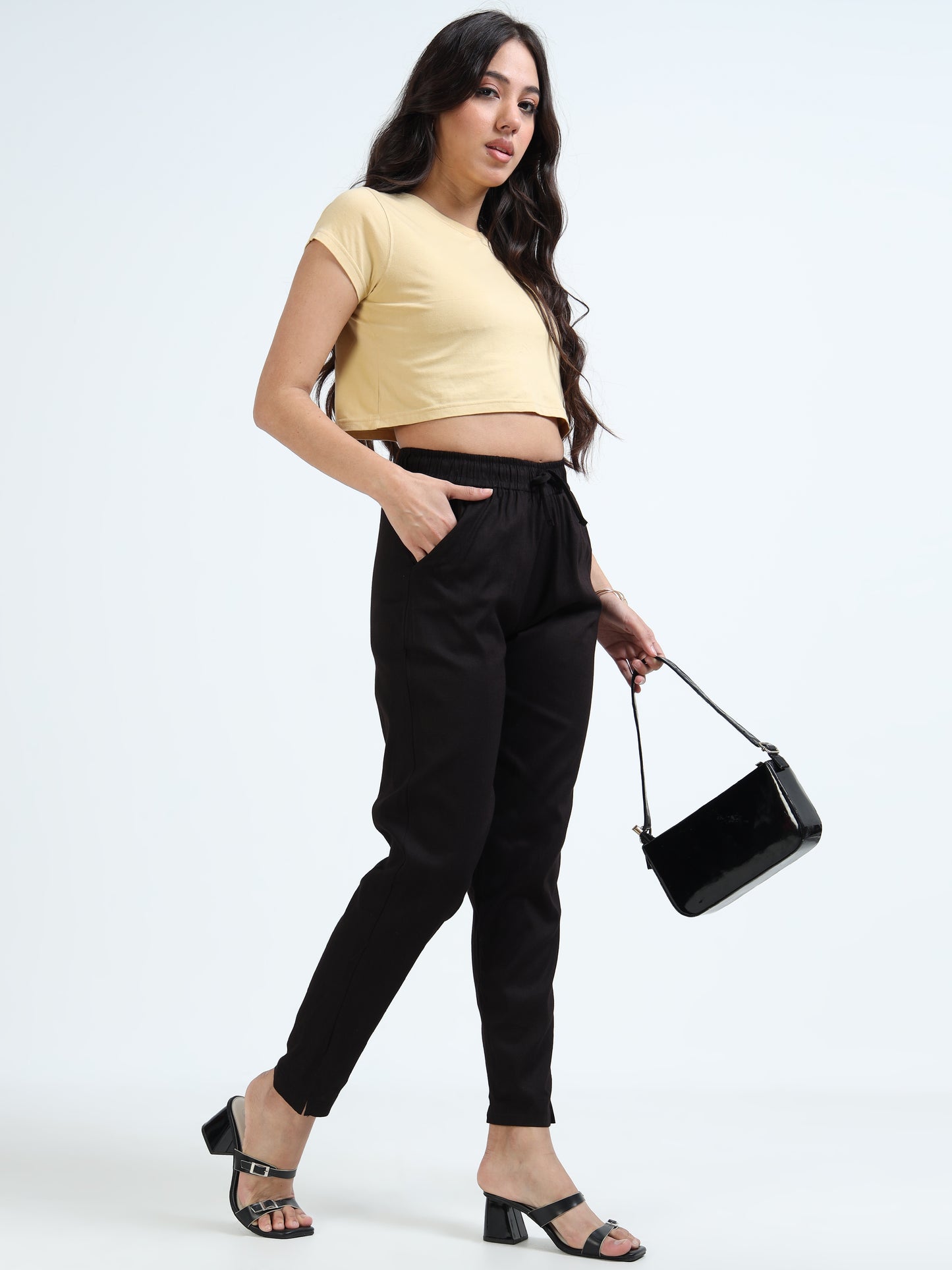 Varnam Women Lycra Slub Straight Pants – Black