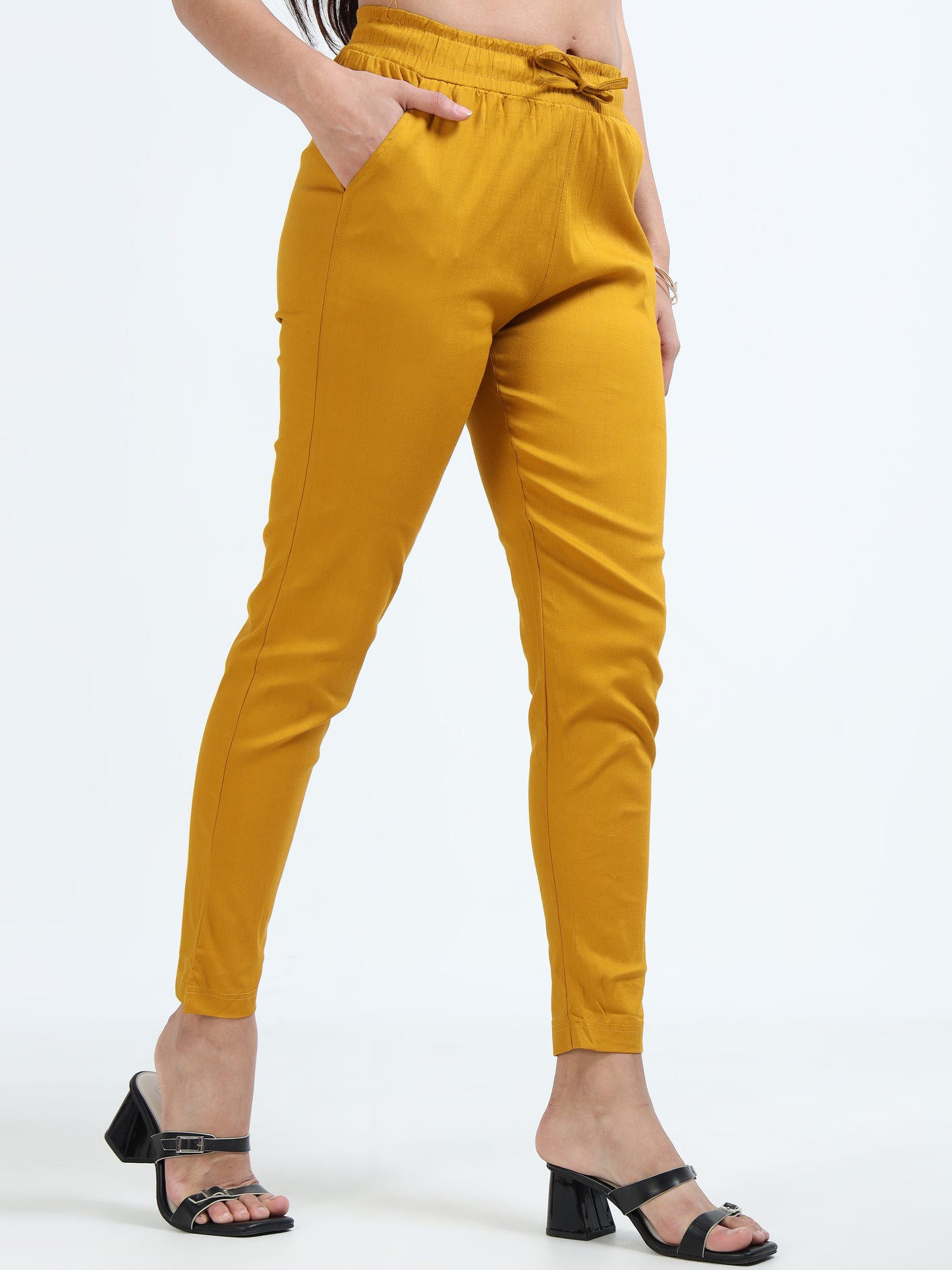 Varnam Women Lycra Slub Straight Pants – Mustard