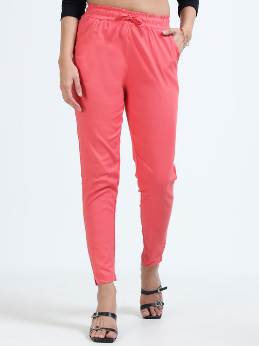 Varnam Women Lycra Slub Straight Pants – Coral