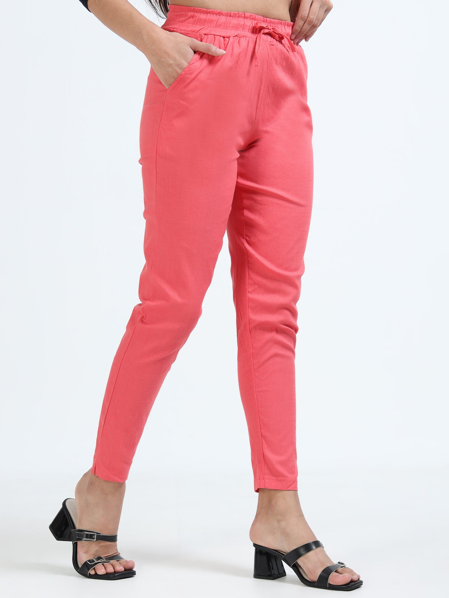 Varnam Women Lycra Slub Straight Pants – Coral