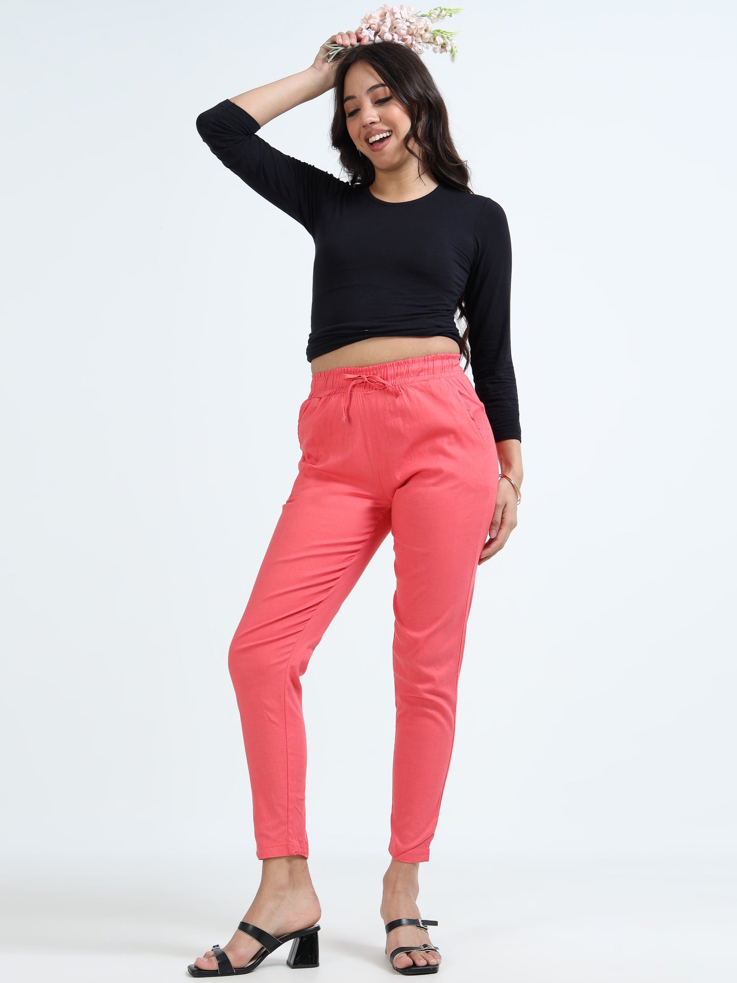 Varnam Women Lycra Slub Straight Pants – Coral