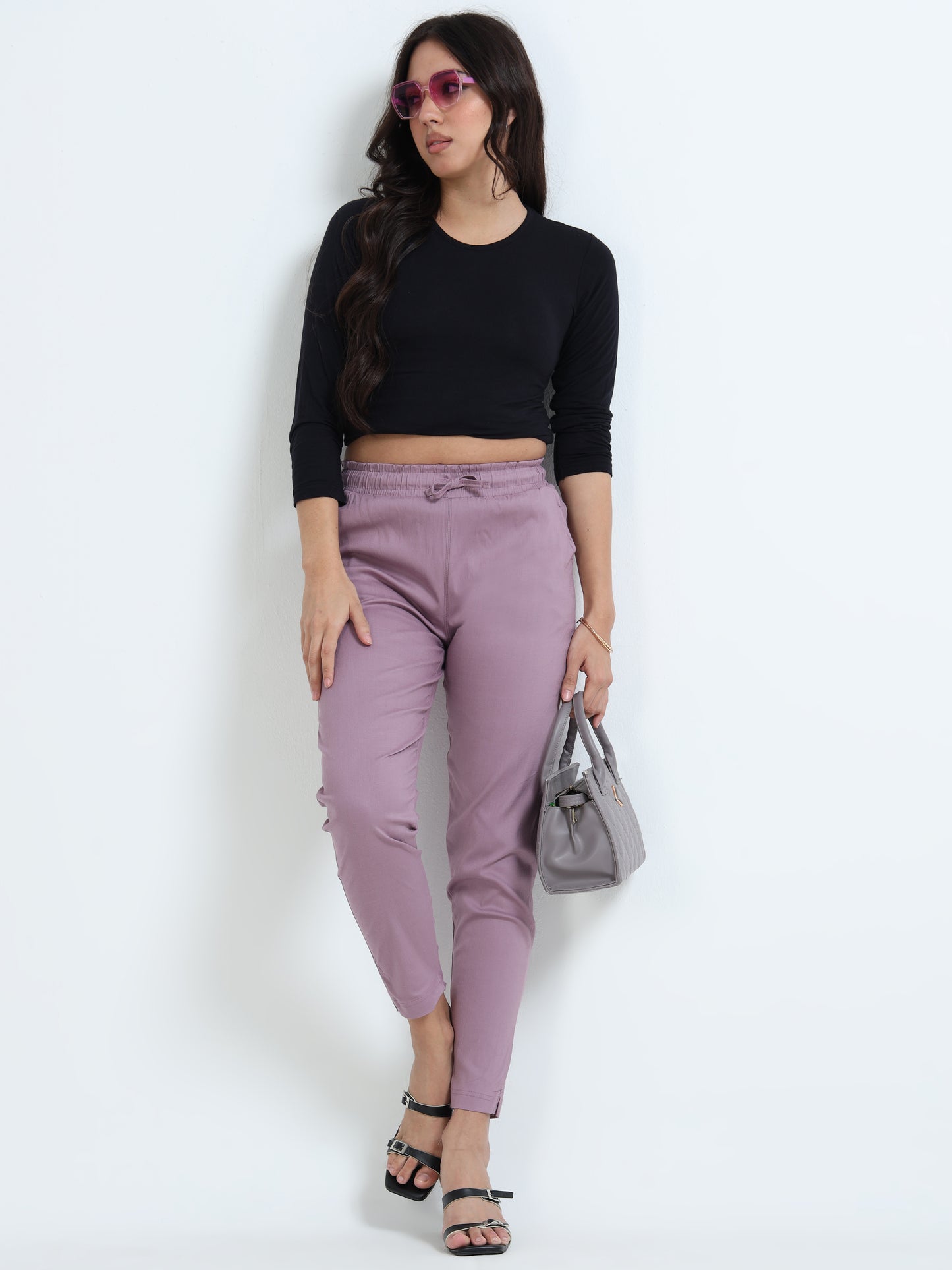 Varnam Women Lycra Slub Straight Pants – Lavender
