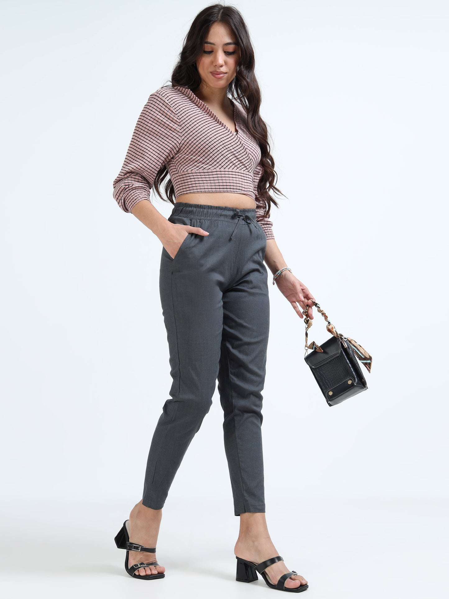 Varnam Women Lycra Slub Straight Pants – Grey