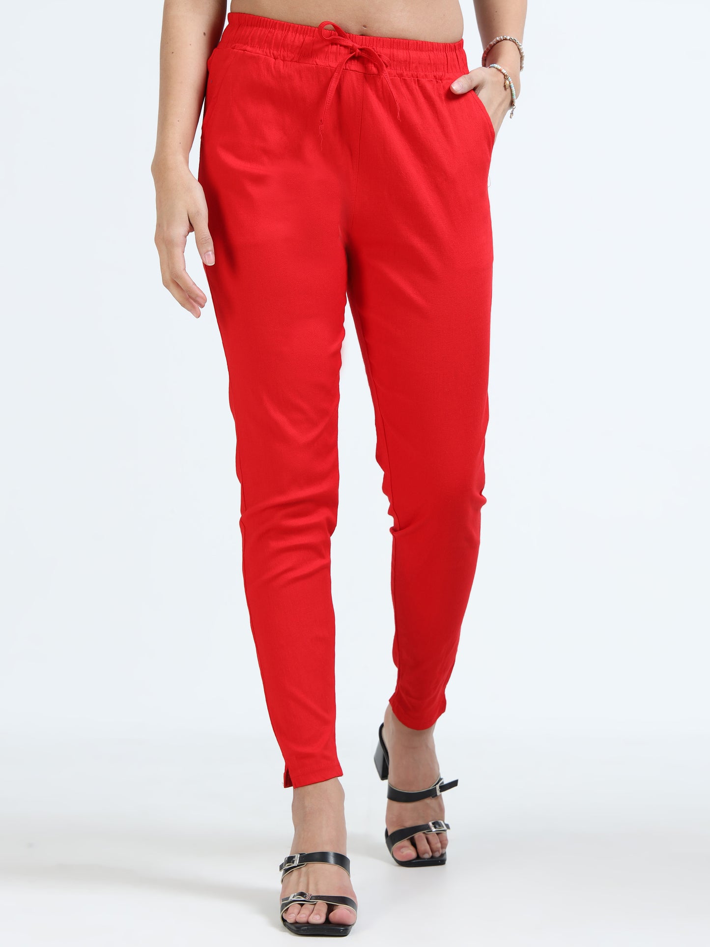 Varnam Women Lycra Slub Straight Pants – Red
