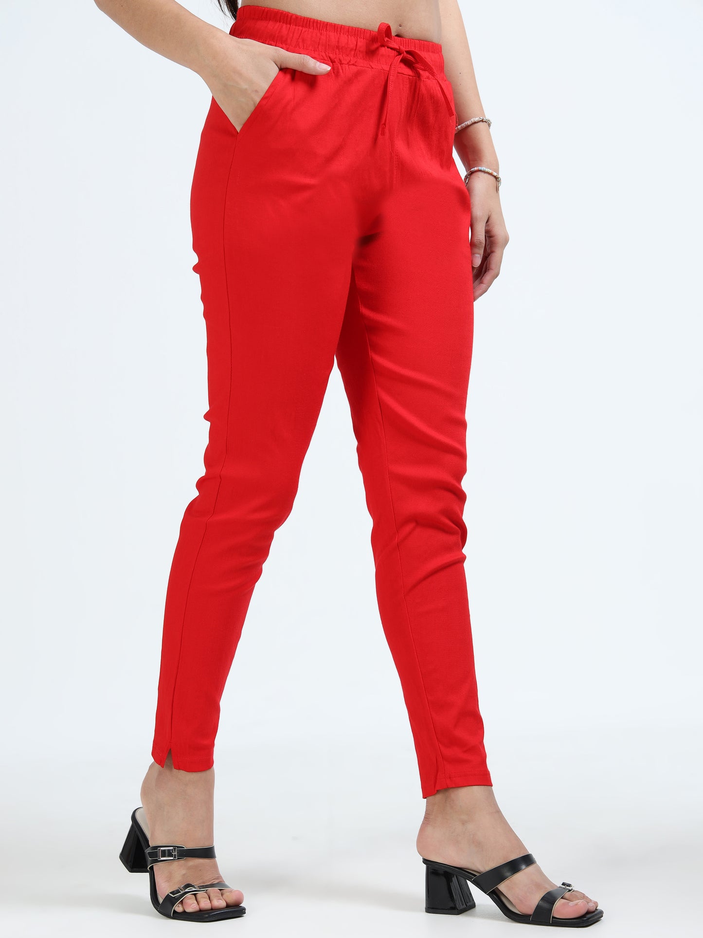 Varnam Women Lycra Slub Straight Pants – Red