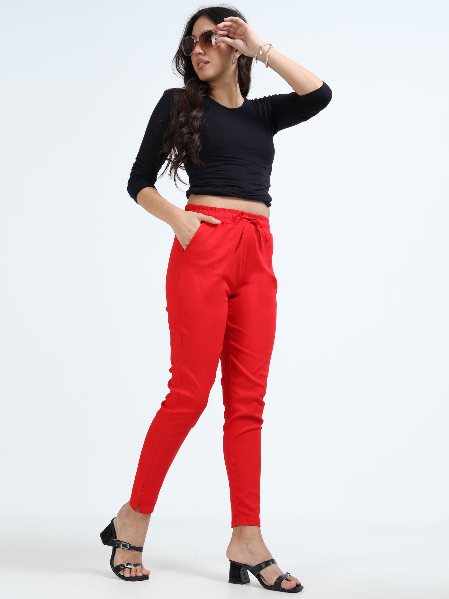 Varnam Women Lycra Slub Straight Pants – Red