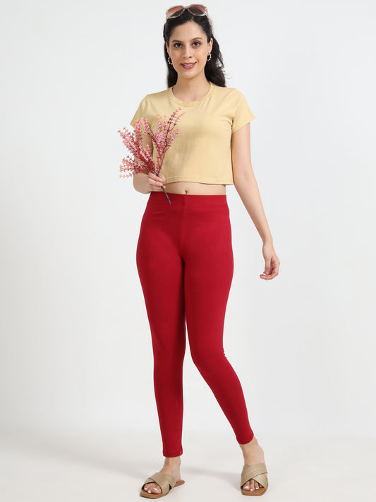 Varnam Women Ankle Length Cotton Leggings – Red Maroon
