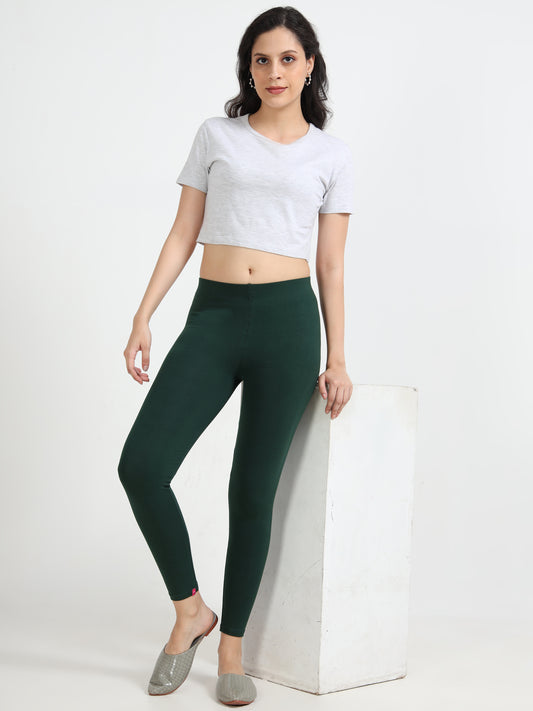 Varnam Women Ankle Length Cotton Leggings – Bottle Green