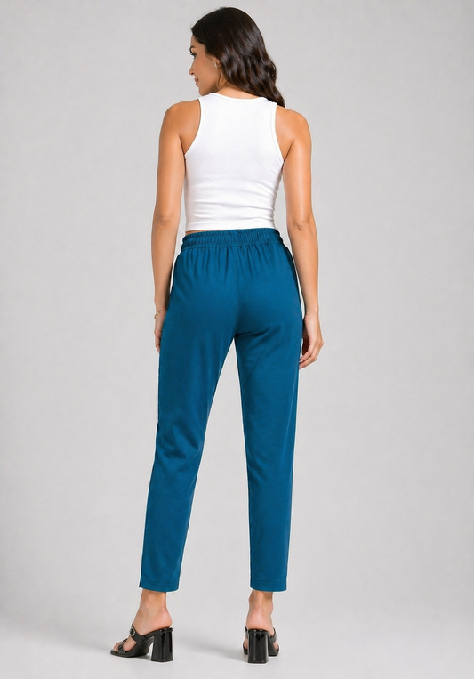 Varnam Women Lycra Slub Straight Pants – Petrol Blue