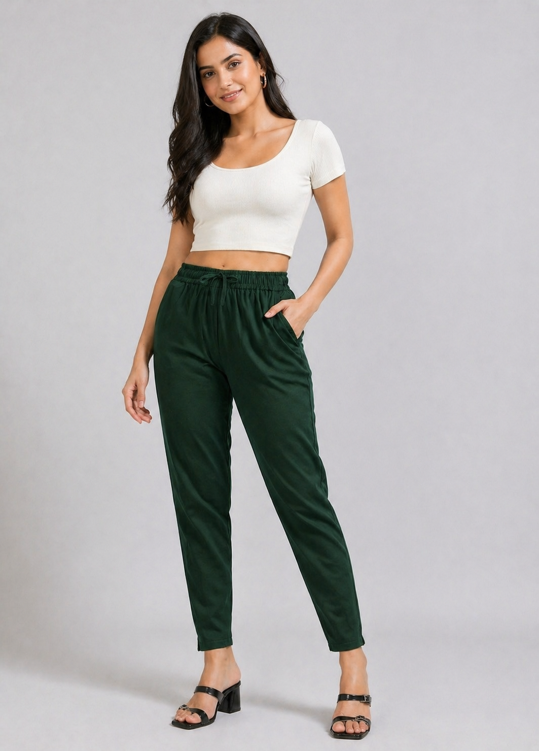Varnam Women Lycra Slub Straight Pants – Bottle Green