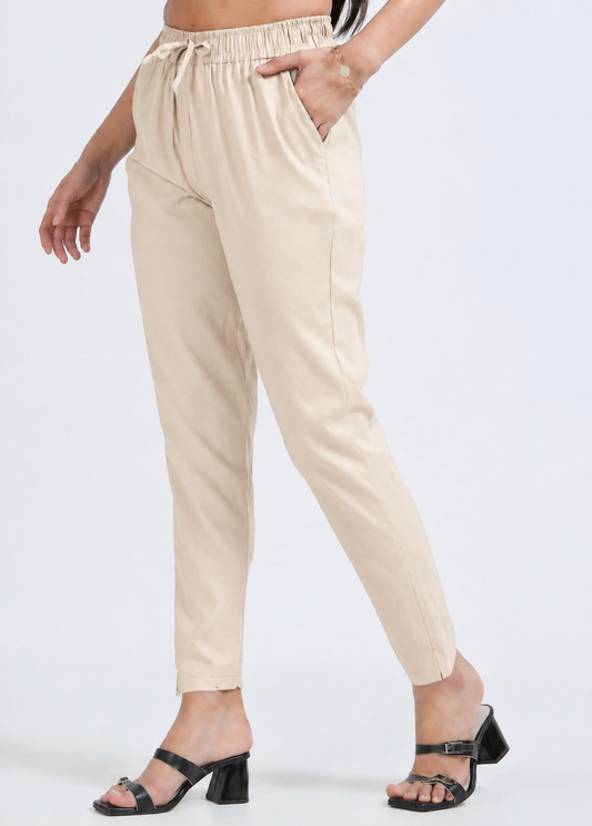 Varnam Women Lycra Slub Straight Pants - Beige