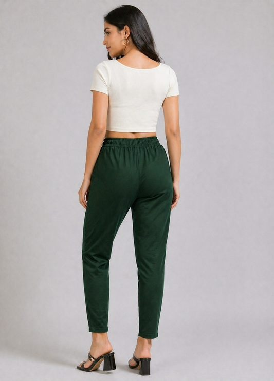 Varnam Women Lycra Slub Straight Pants – Bottle Green
