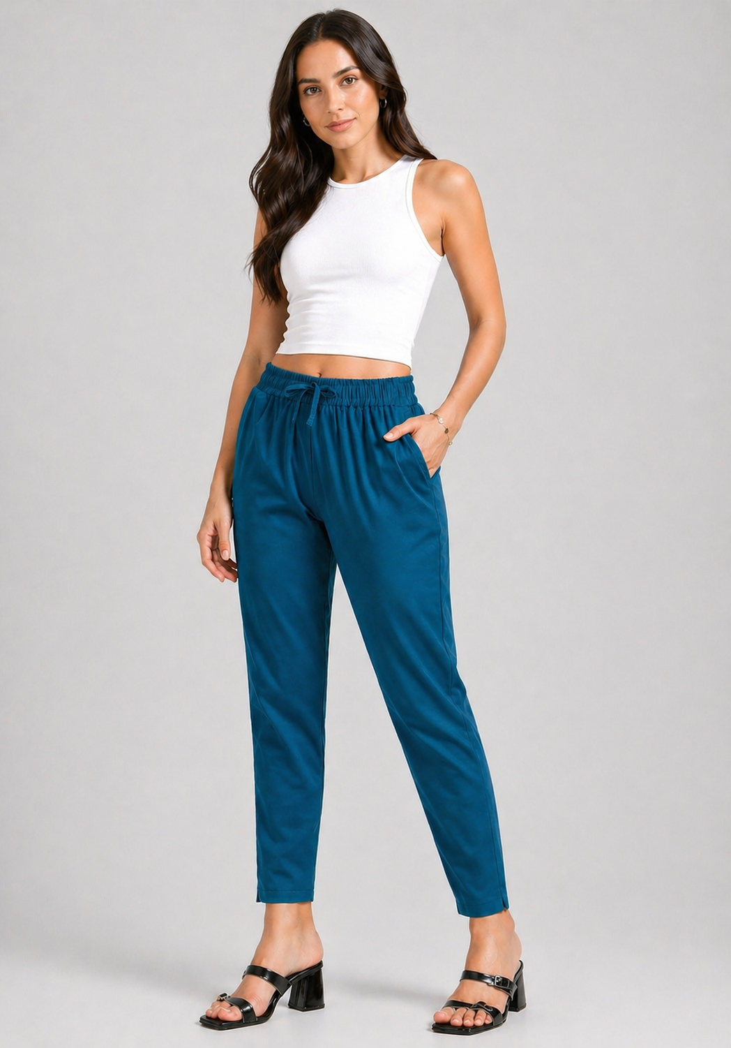 Varnam Women Lycra Slub Straight Pants – Petrol Blue