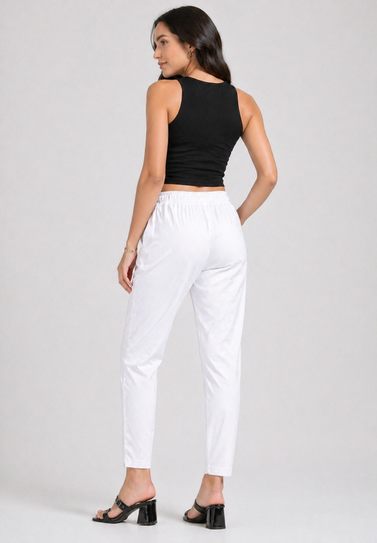 Varnam Women Lycra Slub Straight Pants – White
