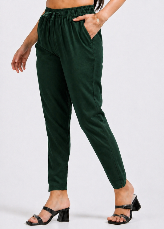 Varnam Women Lycra Slub Straight Pants – Bottle Green