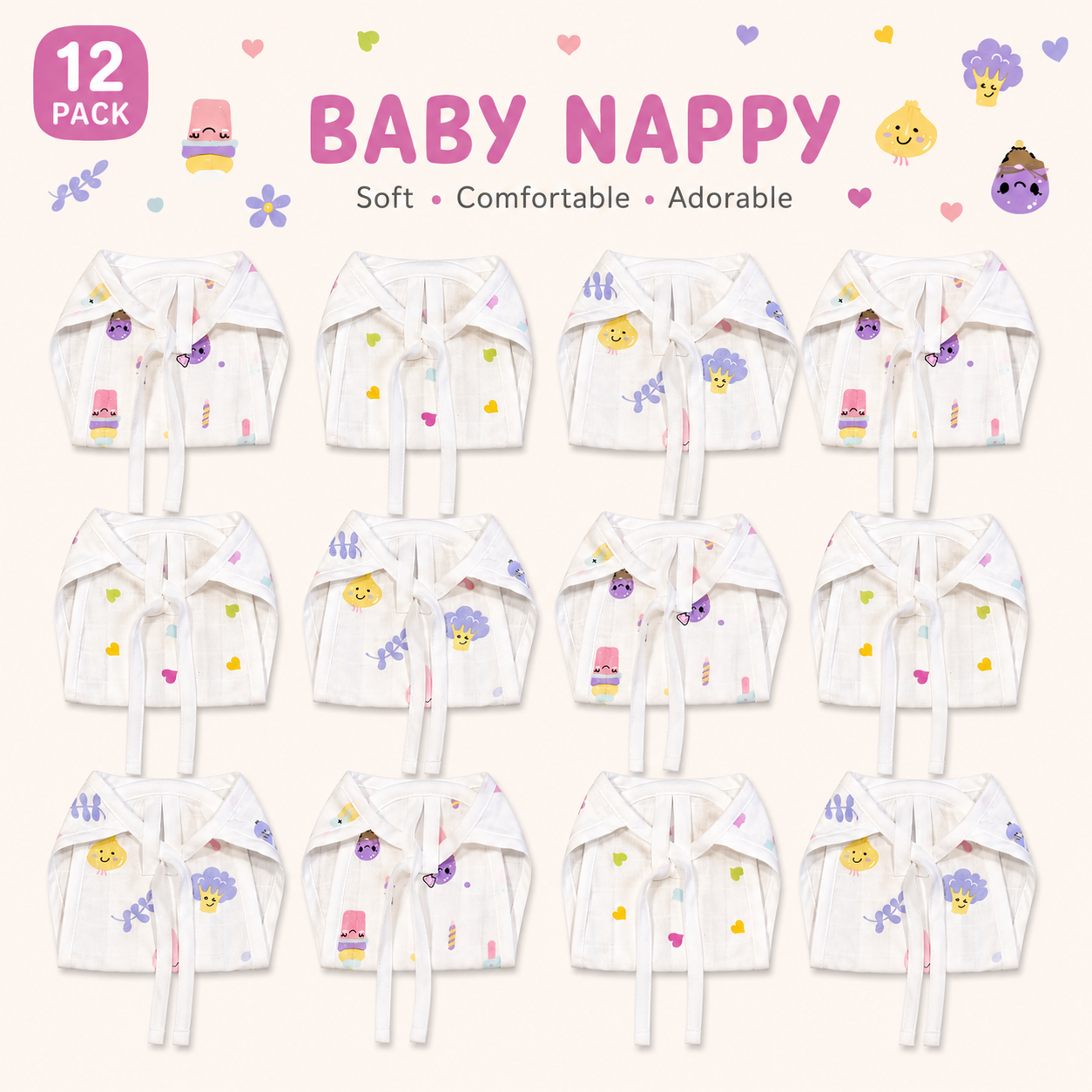 Pack of 12 Muslin Nappy (0-3 months) - Assorted